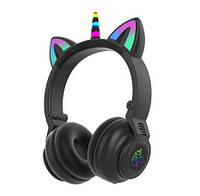 Наушники детские беспроводные STN 27 Bluetooth блютуз Cat Ear LED Единорог кошачьи ушки с подсветкой Черные
