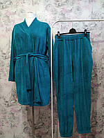 Женский Велюровый домашний комплект двойка халат штаны бирюзовый бархатный костюм пижама 42