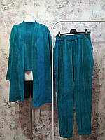 Женский Велюровый домашний комплект тройка халат футболка штаны морская волна бархатный костюм пижама 42
