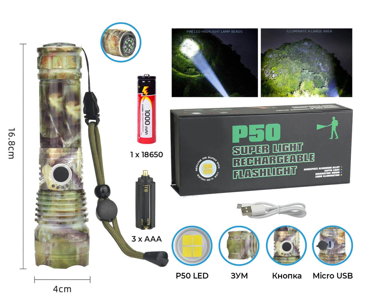 Ручний ліхтар Police RB266, P90 LED, зум, microusb, камуфляж, фото 1