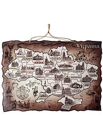 Підвісна мапа України із дерева (Українською мовою) (З українською символікою)