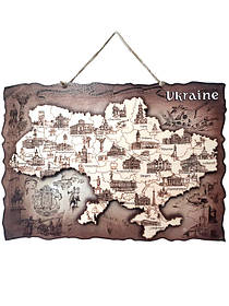 Підвісна мапа України із дерева (англійською мовою) (З українською символікою)