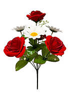 Искусственные цветы Букет Розы бархат и Ромашки, 7 голов, 500 мм, красный с белым