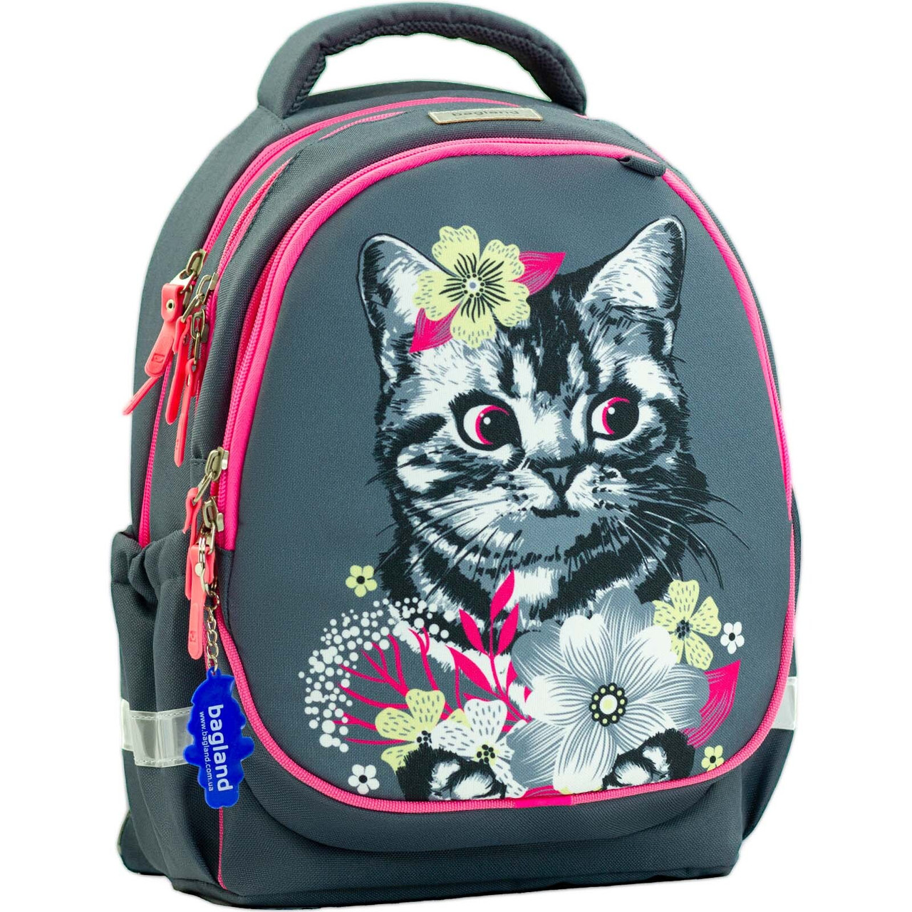 Рюкзак шкільний ортопедичний для дівчаток Bagland Butterfly "Кіт у квітах" 21 л сірий 1156