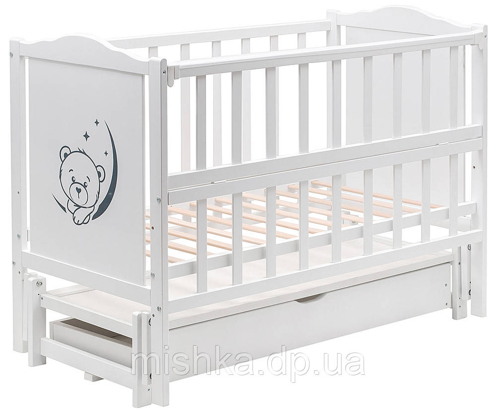 Кровать Babyroom Тедди T-03 фигурное быльце, маятник продольный, ящик, откидной бок белый - фото 1 - id-p1747659552