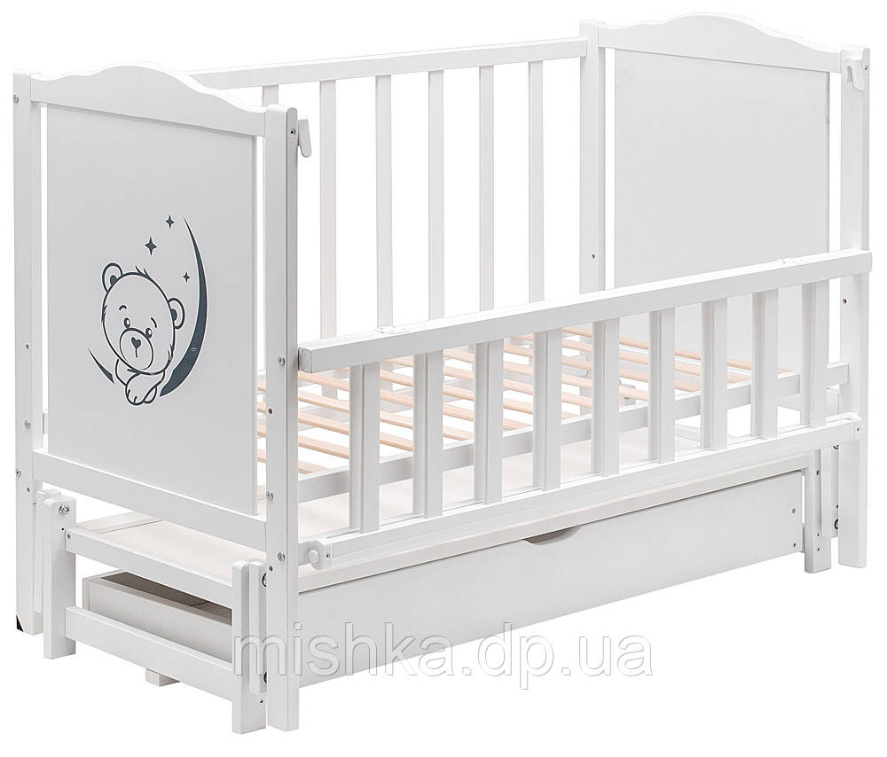 Кровать Babyroom Тедди T-03 фигурное быльце, маятник продольный, ящик, откидной бок белый - фото 2 - id-p1747659552