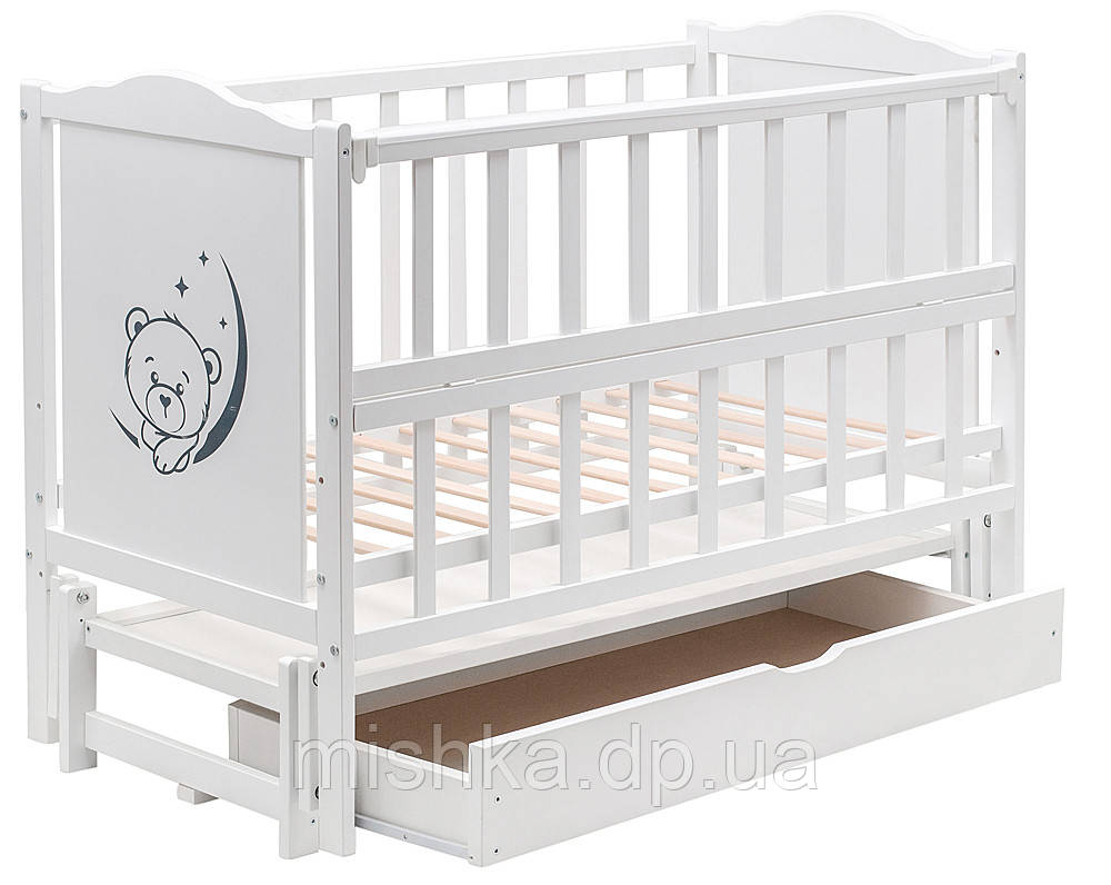 Кровать Babyroom Тедди T-03 фигурное быльце, маятник продольный, ящик, откидной бок белый - фото 3 - id-p1747659552