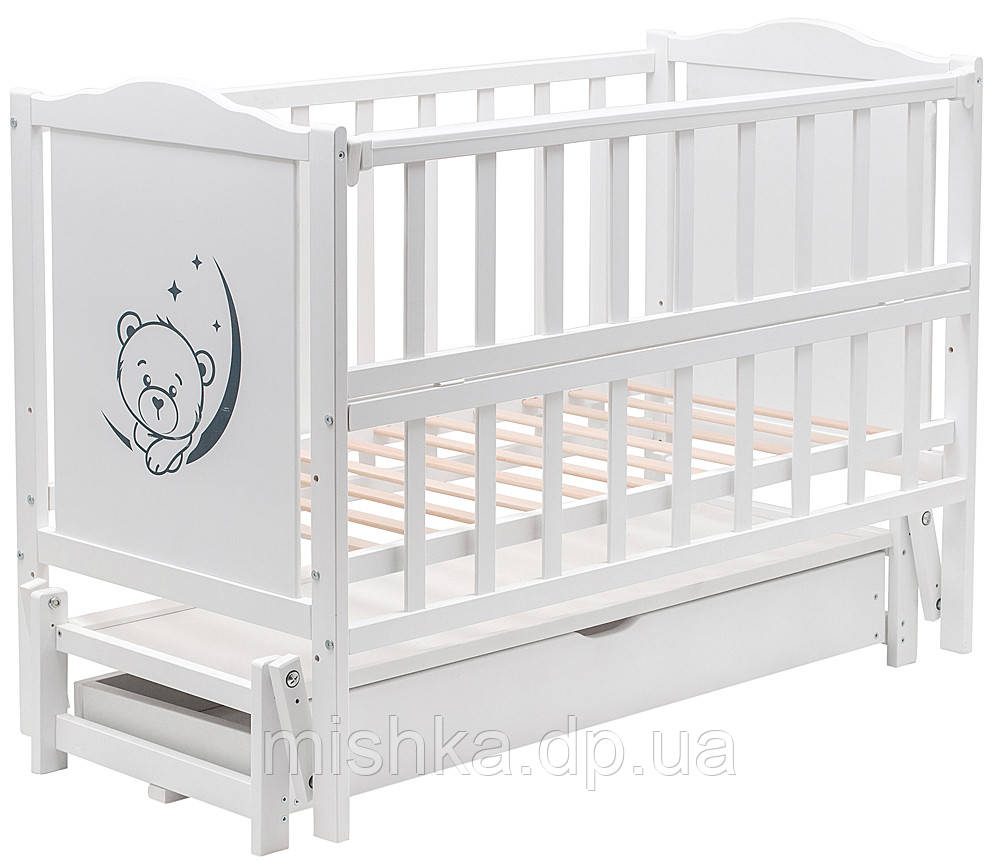 Кровать Babyroom Тедди T-03 фигурное быльце, маятник продольный, ящик, откидной бок белый - фото 4 - id-p1747659552