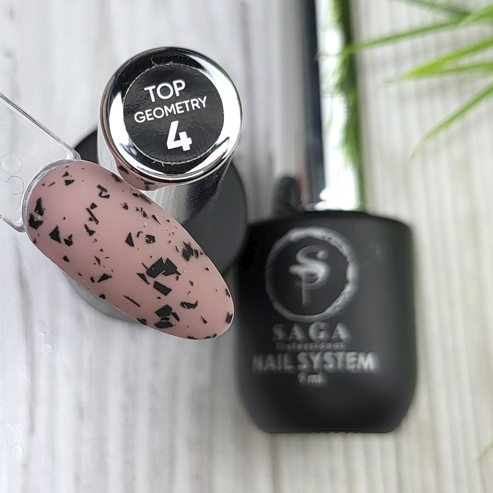 Матовий топ для нігтів Saga Top Geometry №4 з чорними хлоп'ями 8мл, без липкого шару