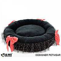 Лежанка для собак і кішок Is Pet Gliter ribbon bed чорного кольору плюшева з мереживом і бантиками
