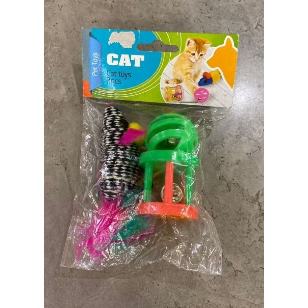 Іграшка для котів "НАБІРЧИК" мишка з пір'їнками, кулька та каталка з дзвіночками 3 шт.