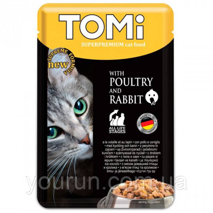 TOMi Poultry Rabbit ТОМИ ПТИЦА КРОЛИК суперпреміум вологий корм, консерви для котів, пауч 100гр, фото 1