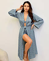 Женская пижама с шелку Армани тройка шорты топ и халат для дома и сна цвет голубой