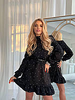 Чорна легка жіноча стильна сукня з м'якого софту в горошок на ґудзиках з довгим рукавом з поясом
