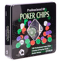 Набор для покера в металлической коробке на 100 фишек с номиналом. Игра в покер.