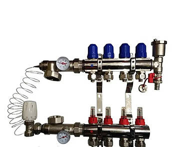 Колектор Koer у зборі на 4 виходи (без насоса) з витратомірами та 1 зливний