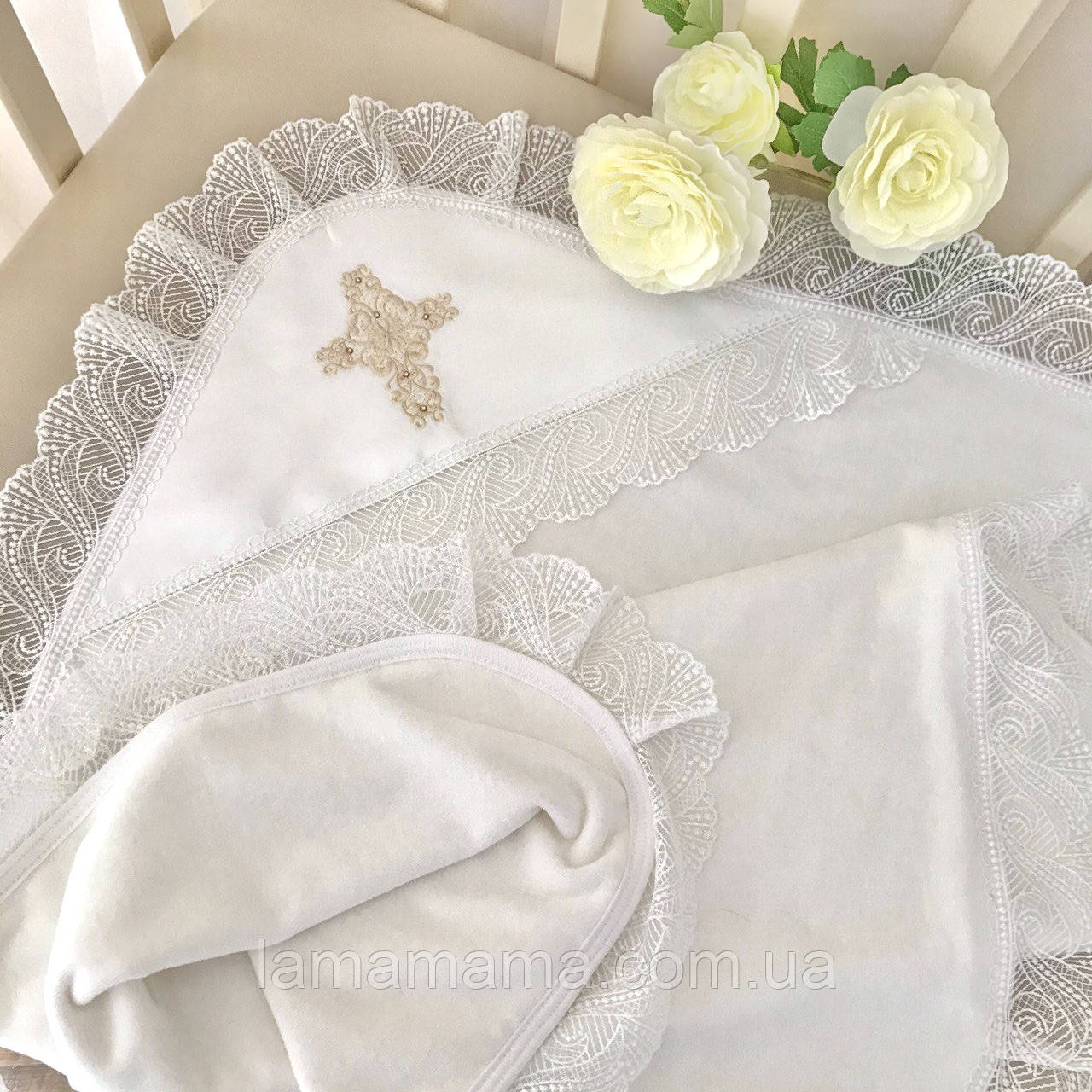 Тепла велюрова крижма для хрещення "Ніжність перлин" Велюр/кулір, Молочний/беж 75х100 см BetiS, фото 1