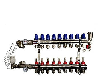 Колектор Koer у зборі на 9 виходів (без насоса) з витратомірами та 1 зливний