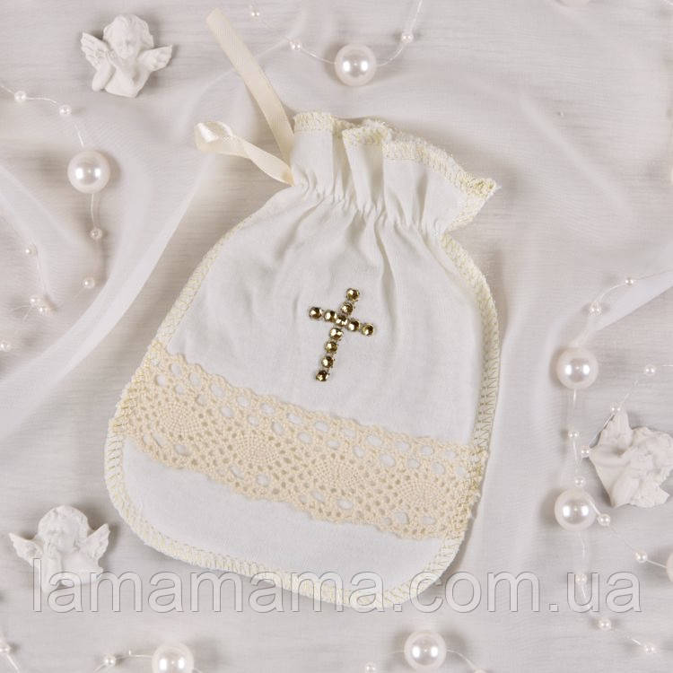 Хрестильний мішечок для першого локона "Натхнення" Молочний/Золото Інтерлок Betis, фото 1