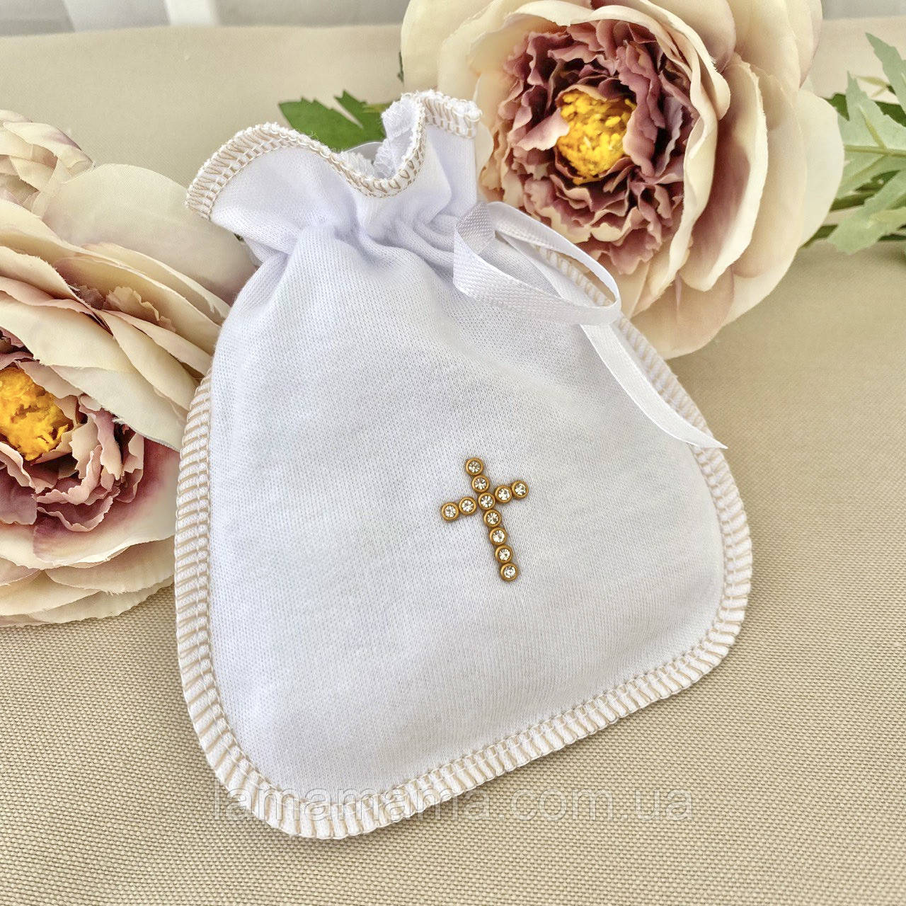 Хрестильний мішечок Оберіг інтерлок Білий/золото Betis, фото 1