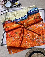 Шейный шелковый платок Картина 70*70 см оранжевый