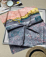 Шейный шелковый платок Картина 70*70 см серый/пудра