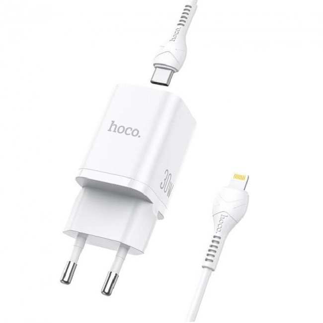 Зарядний пристрій HOCO Type-C to Lightning cable Bright charger set N13 1USB/1Type-C, QC/PD, 20W, 3A white, фото 1
