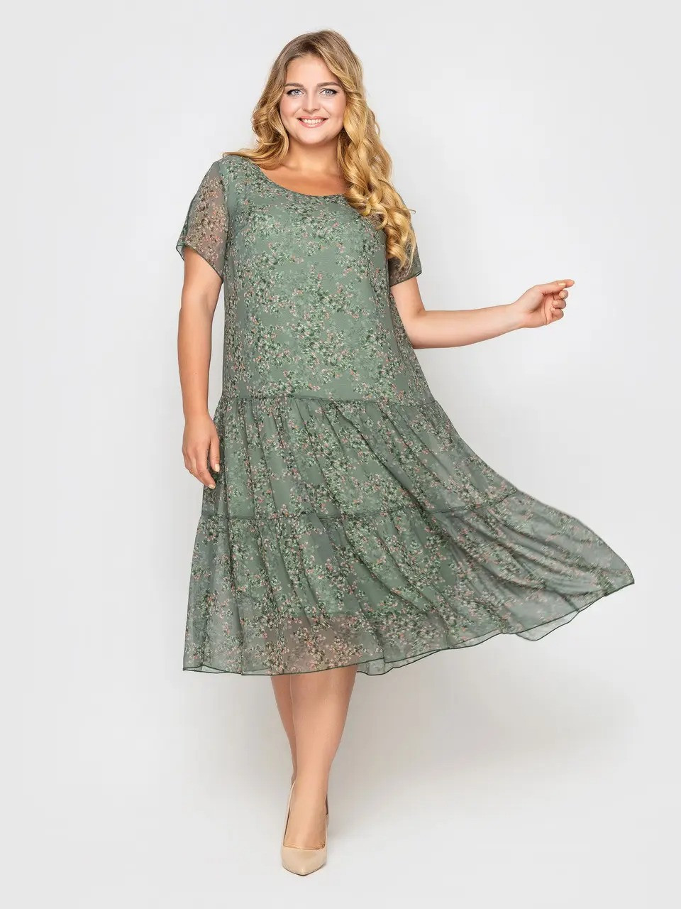 Легка шифонова сукня з воланами та короткими рукавами, великі розміри від 52 до 58