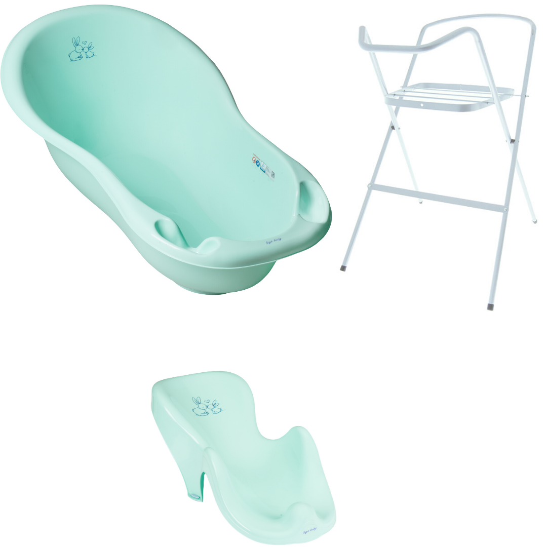 

Комплект 3 единицы, ванночка большая с отливом 102 см, горка для купания, подставка под ванну "Кролики"