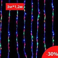Новогодняя гирлянда "водопад 3м*1,2м на окно, цветного свечения, прозрачный силикон, праздничное освещен PER