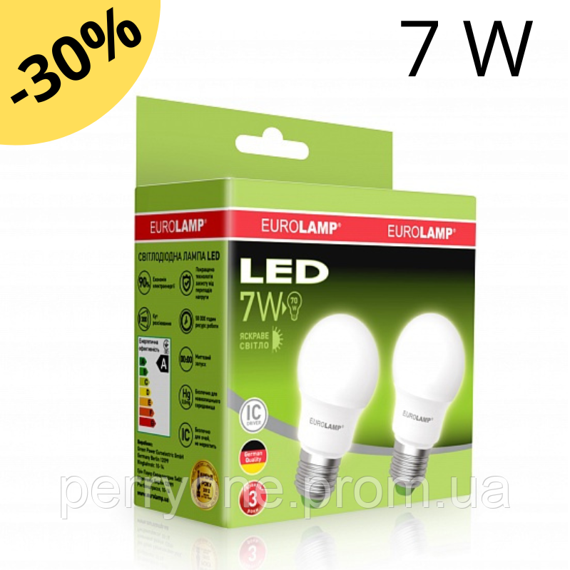 Світлодіодна лампочка LED Eurolamp серія Е А50 7W біла економка 3000K лампа для дому E27 груша набір PER