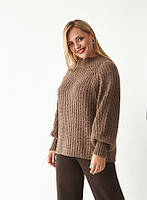 Шоколадный женский свитер из шерсти с обёмными рукавами, большого размера 42-46