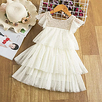 Детское платье с паетками для девочек  - молочное - 98 см