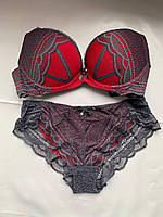 Комплект женский с гладким бюстом и гирюровыми трусиками WeiyeSi V801 Размер 95C/2XL. Серый Красный