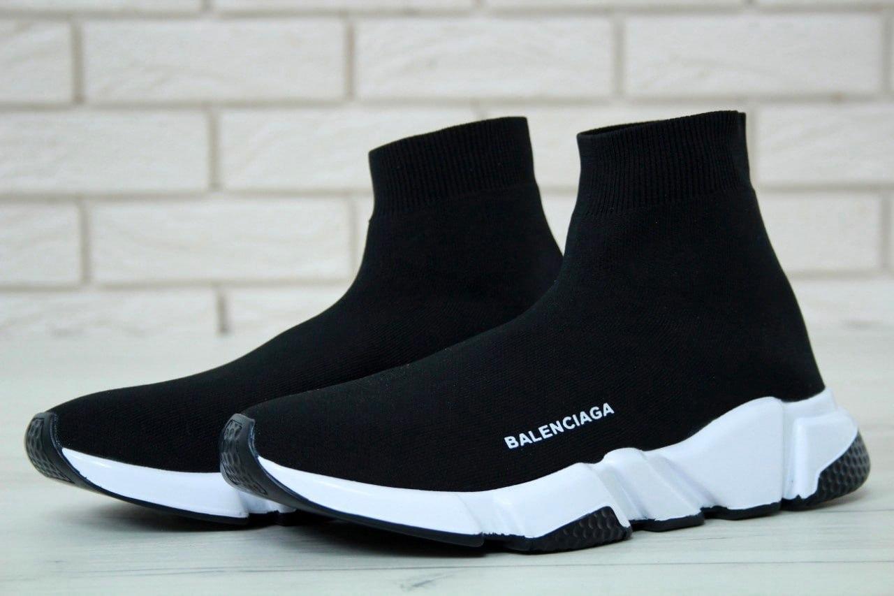 Женские кроссовки Balenciaga (чёрные с черно-белой подошвой) тонкие молодёжные кроссы носки/чулки К11463 топ - фото 1 - id-p1748294153