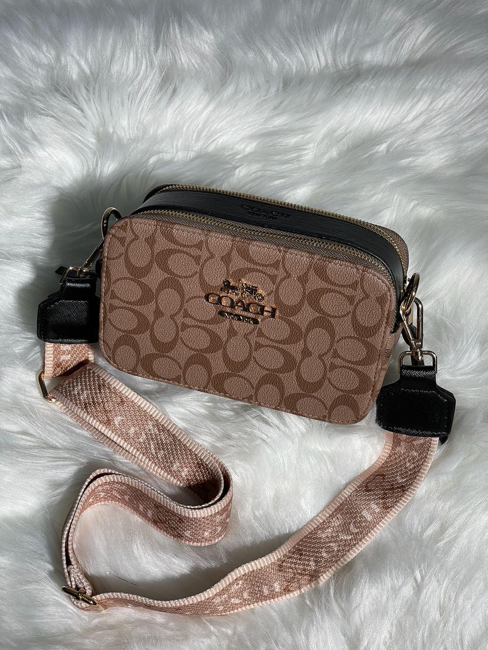 Жіноча сумка Coach Snapshot Beige (бежева) KIS26006 стильна молодіжна на довгому текстильному ремені топ