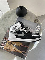 Женские кроссовки Nike Air Jordan 1 Black/Grey (чёрные с белым и серым) высокие стильные кеды J007 топ