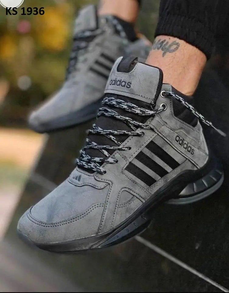 Чоловічі зимові кросівки Adidas (сірі з чорним) високі модні зручні термо кроси KS 1936 топ
