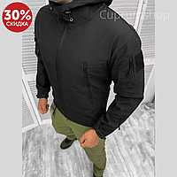 Армейская осенне-зимняя курточка Soft Shell masad Black с капюшоном Армейская куртка ветровка короткая на флис