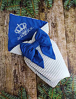 Демисезонный плюшевый конверт одеяло с вышивкой корона, белый с синим