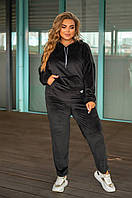 Женский спортивный черный костюм велюровый с капюшоном большие размеры