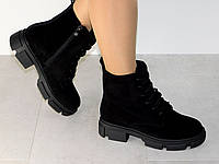 Стильные зимние черные ботинки женские комфортные замш 37р