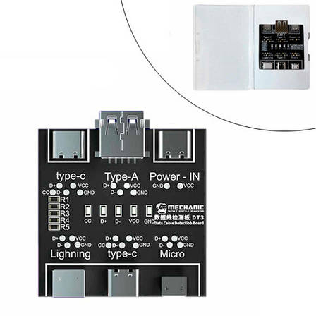 Плата тестер для перевірки дата кабелів MicroUSB Type-C Lighting, Mechanic DT3, фото 1