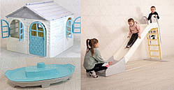 АКЦІЯ НАБІР Дитячий середній пластиковий будиночок зі шторками, велика пластикова гірка і пісочниця Doloni