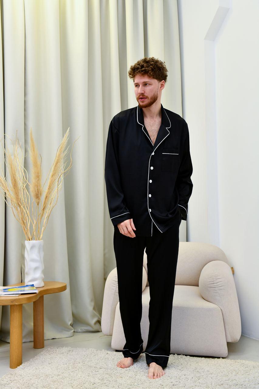 Піжама чоловіча шовкова зі штанами та сорочкою на ґудзиках комплет для дому та сну, фото 1