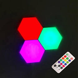 Модульний LED світильник сенсорний 3 шт, працює від батарейок, RGB / Шестигранний настінний нічник з пультом