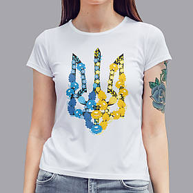 Патріотична жіноча футболка з гербом України, біла