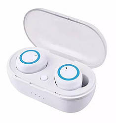 Бездротова bluetooth-гарнітура з мікрофоном із зарядним відсіком (білі із синім кругом)