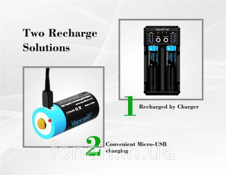 Аккумулятор Vapcell RCR123A (16340) Li-Ion 3.7V 800mAh (P1608A) с зарядкой через micro USB порт, защищенный - фото 7 - id-p435604593