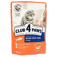 Влажный корм для взрослых кошек Club 4 Paws (Клуб 4 Лапы) Премиум С треской в желе 80 г